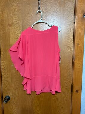 Sejour Assymmetric Coral Pink One-Shoulder Ruffle Blouse